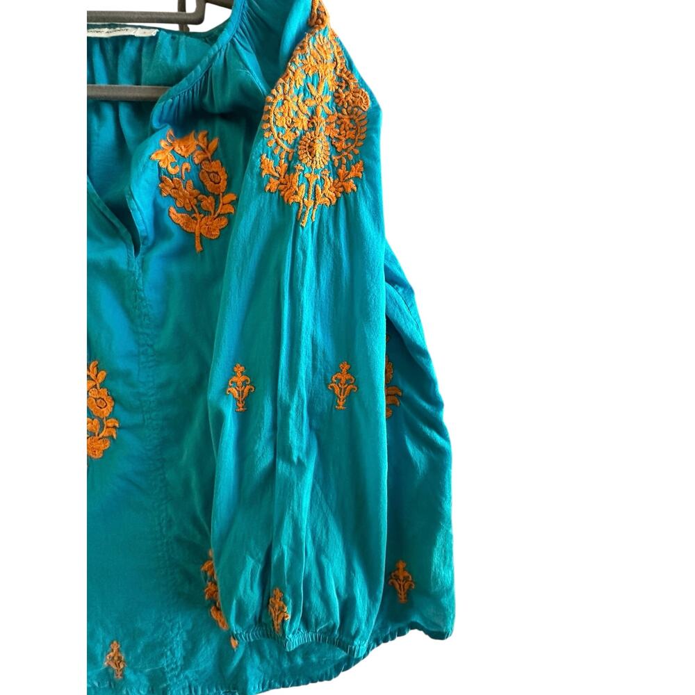*SOLD* Roller Rabbit Women’s Teal Embroidered Cotton Blouse Size Small NWOT Boho - Picture 4 of 10